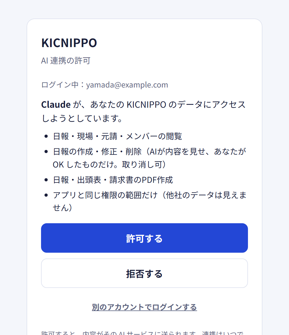 KICNIPPOのAI連携の許可画面